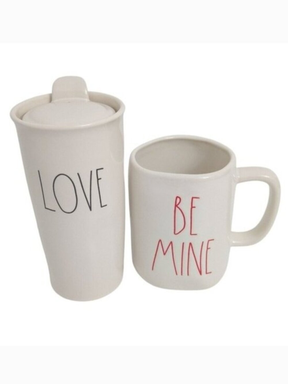 Rae Dunn "Be Mine" & "Love" Large Ceramic Coffee Mug & Travel Tumbler (Set of 2)